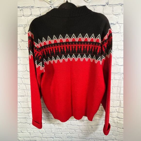 VINTAGE Puritan Red Black White Full Zip 80s Preppy Aztec Retro Ski Wool Blend M - Picture 2 of 6